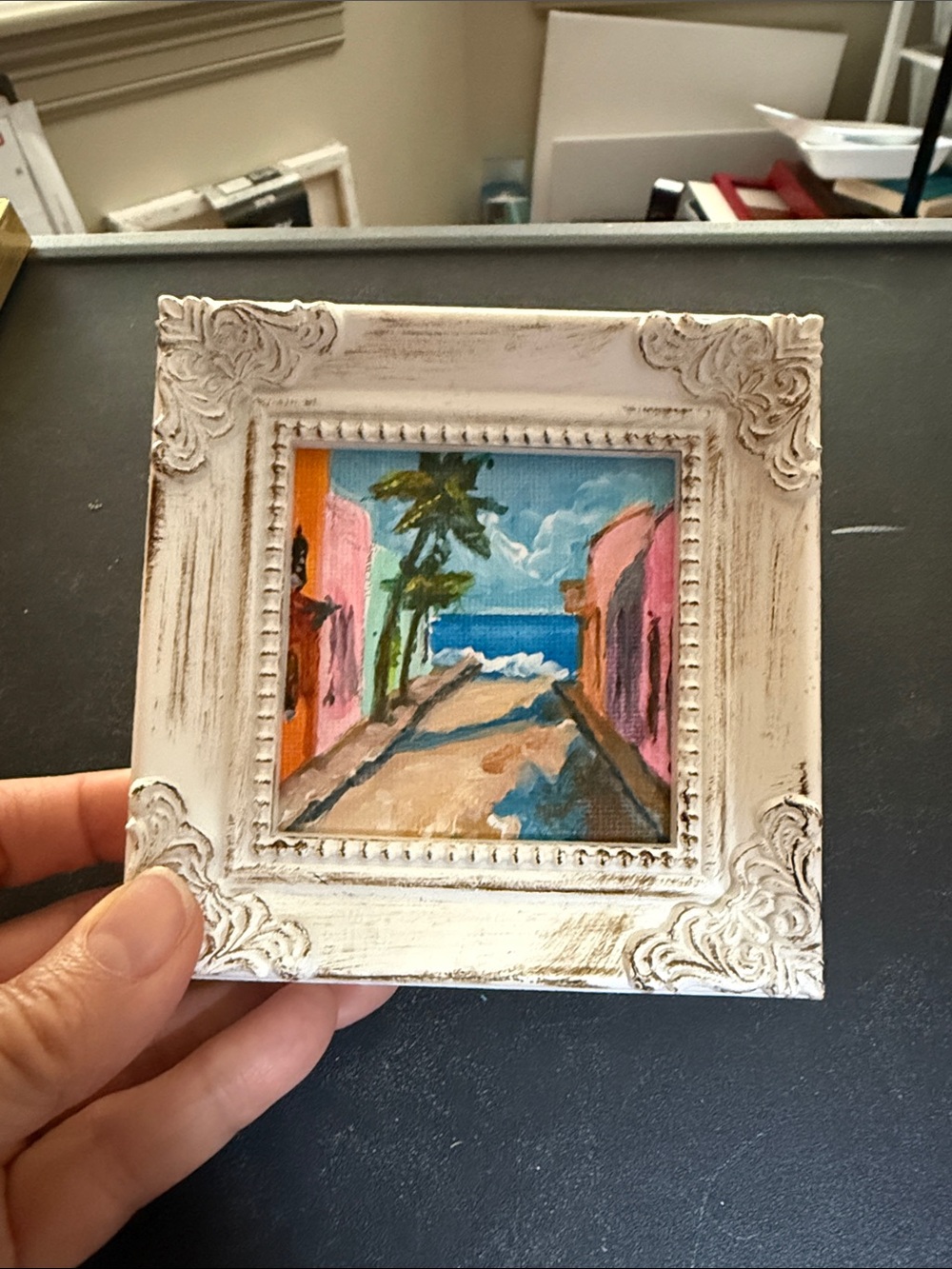 Hand-Painted Coastal Street Mini Art - White Frame